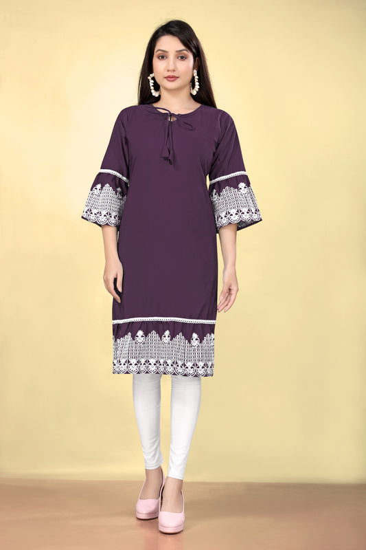 Purple Cotton Fabric Thread Embroidery Work Kurti For Formal Looks