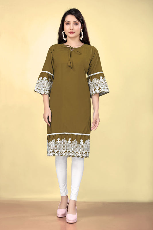 Green Cotton Fabric Thread Embroidery Work Kurti For Formal Looks