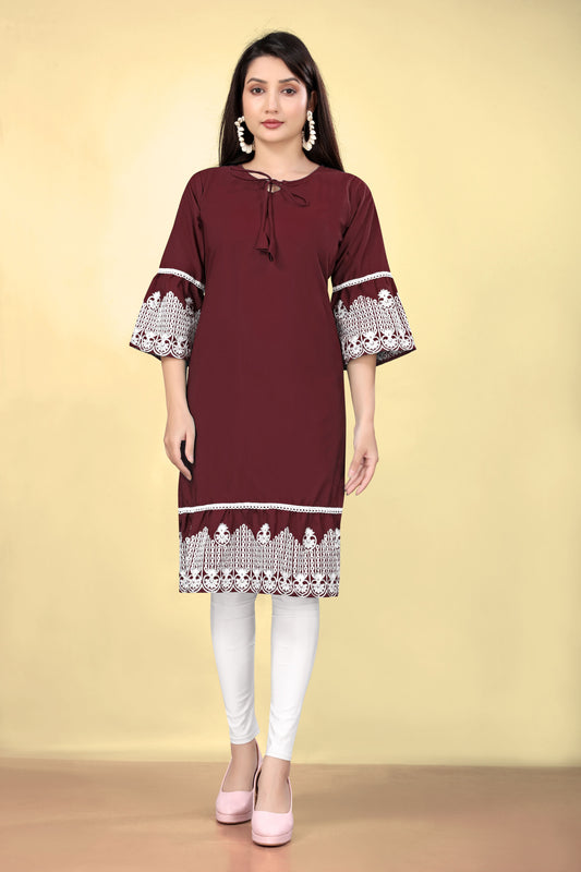 Wine Cotton Fabric Thread Embroidery Work Kurti For Formal Looks