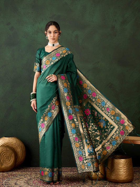 Green Silk Wevon Jacquard Designer Traditional Rich Saree