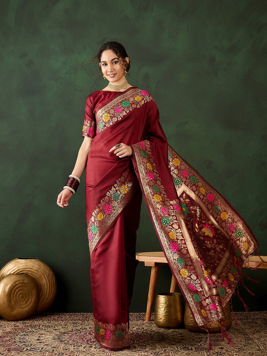 Maroon Silk Wevon Jacquard Designer Traditional Rich Saree