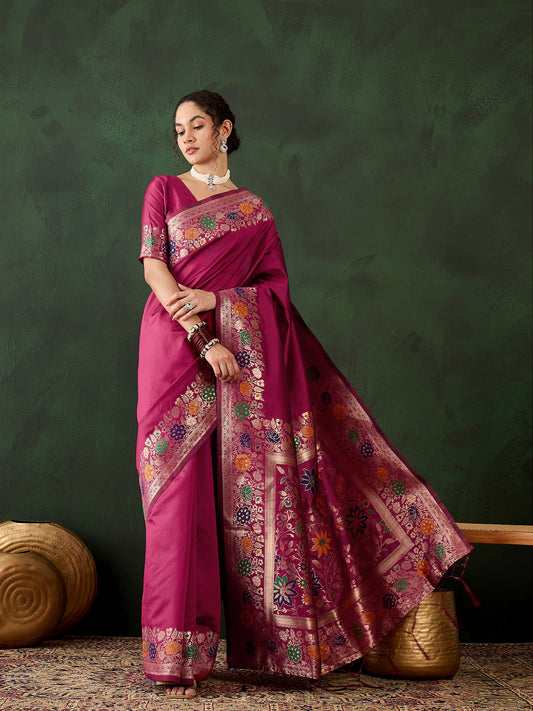 Pink Silk Wevon Jacquard Designer Traditional Rich Saree