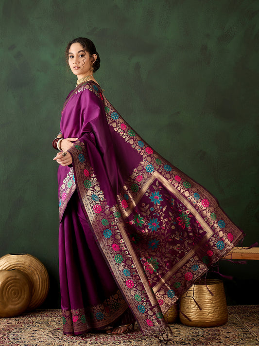 Purple Silk Wevon Jacquard Designer Traditional Rich Saree