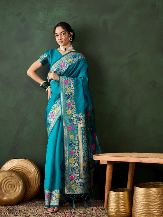 Teal Silk Wevon Jacquard Designer Traditional Rich Saree