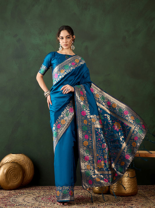 Blue Silk Wevon Jacquard Designer Traditional Rich Saree