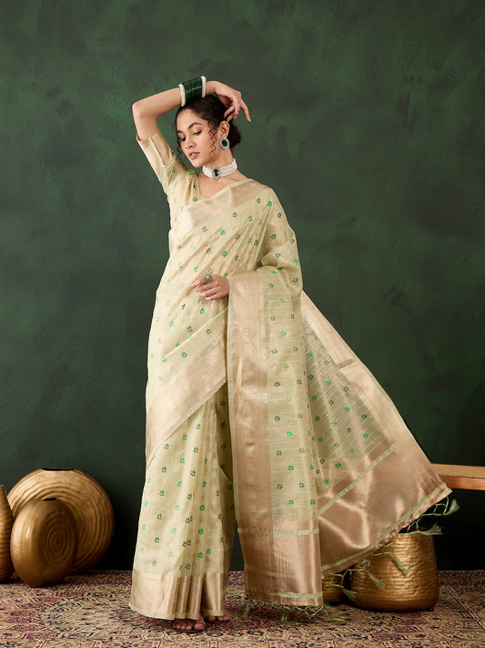 Pista Khadi Organza Woven Designer Saree With Classy Brush Paint Work