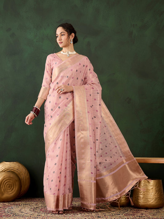 Pink Khadi Organza Woven Designer Saree With Classy Brush Paint Work