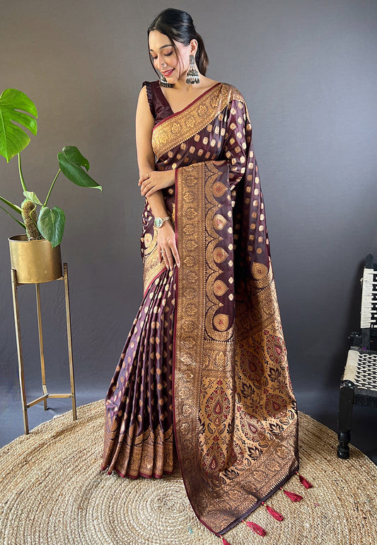 Maroon Banarasi Satin Silk Weaving Jari Designer Ethnic Graceful Saree