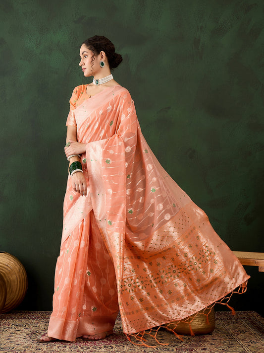 Orange Poly Cotton Wevon Designer Graceful Ethnic Partywear Saree