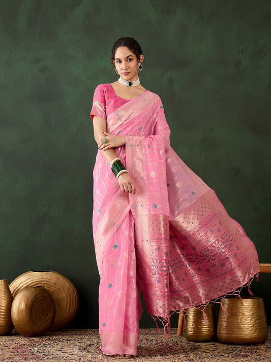 Pink Poly Cotton Wevon Designer Graceful Ethnic Partywear Saree