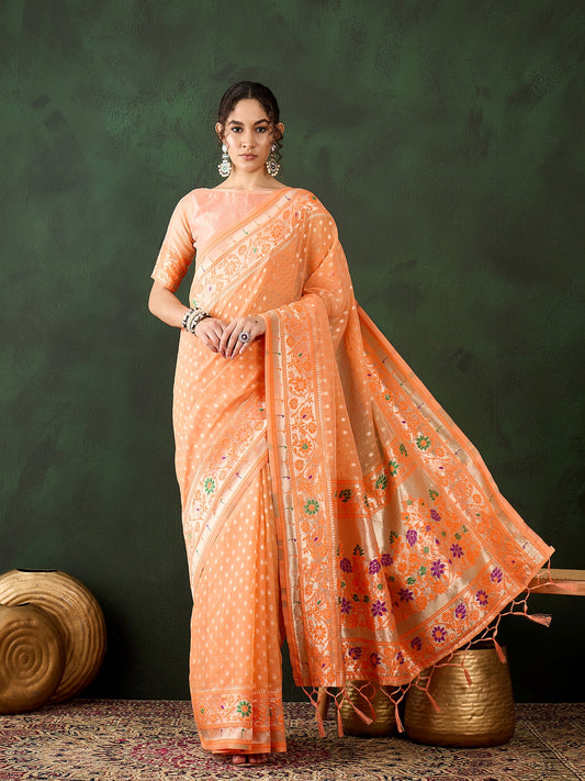 Orange Poly Cotton Wevon Designer Indian Rich Cultural Looks Saree