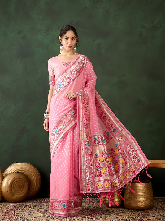 Pink Poly Cotton Wevon Designer Indian Rich Cultural Looks Saree