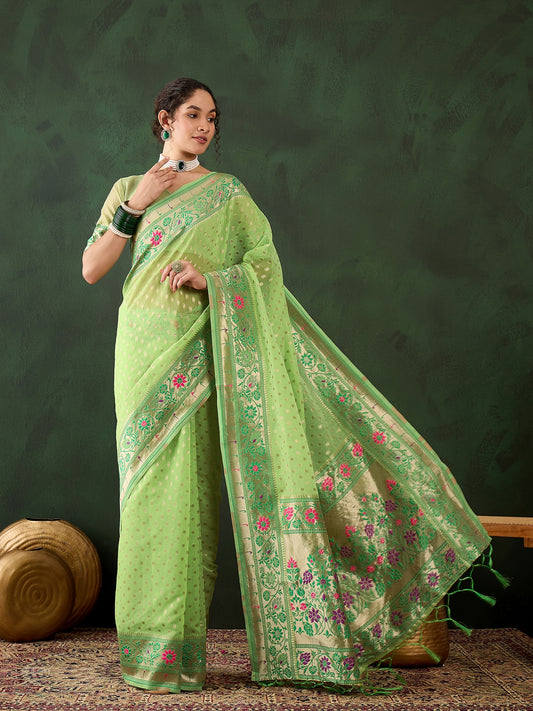 Green Poly Cotton Wevon Designer Indian Rich Cultural Looks Saree