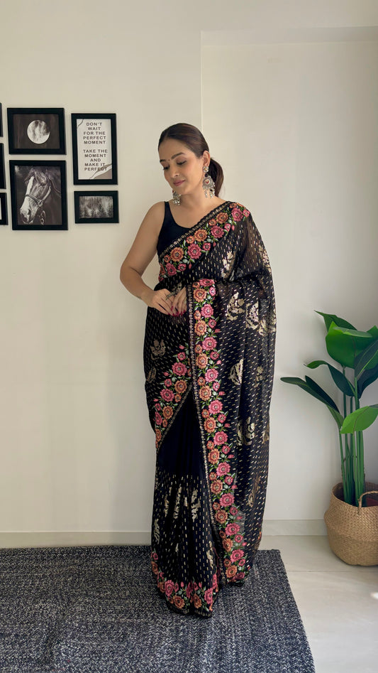 Black Georgette Bollywood Style Thread And Sequance Embroidery Work Girlie Saree