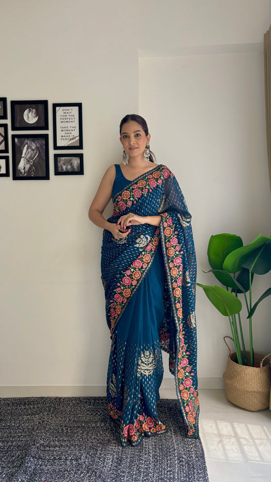 Teal Georgette Bollywood Style Thread And Sequance Embroidery Work Girlie Saree