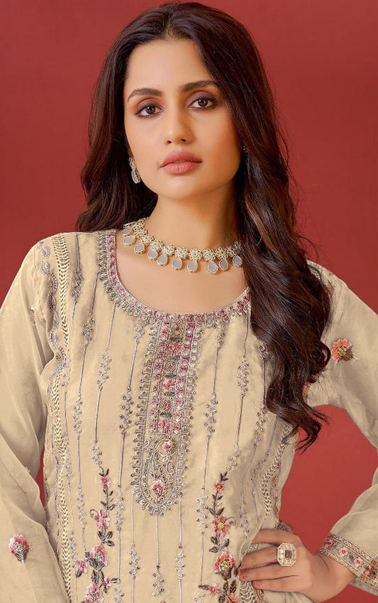 Cream Color Organza Fabric Designer Embroidery Work Pakistani Style Salwar Kameez