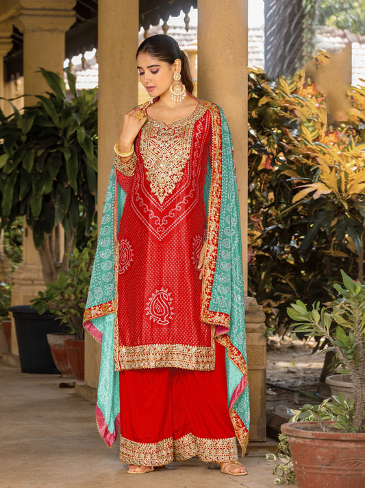 Red Chinon Bandhani Printed Heavy Salwar Kameez With Jari And Mirror Embroidery Work