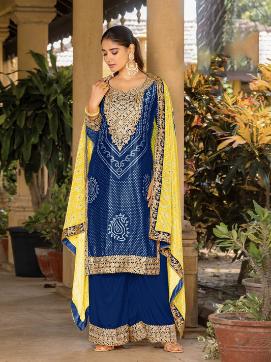 Blue Chinon Bandhani Printed Heavy Salwar Kameez With Jari And Mirror Embroidery Work