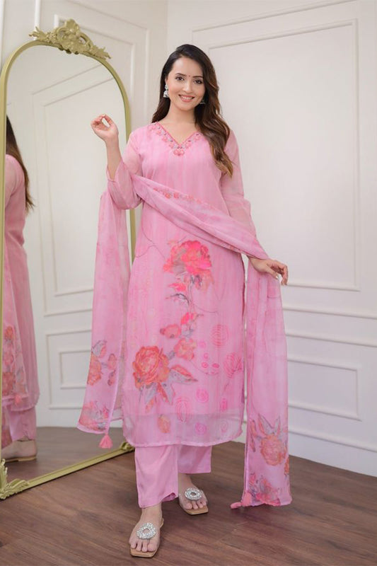 Pink Organza Printed With Designer Embroidery Work Traditional Wear Readymade Salwar