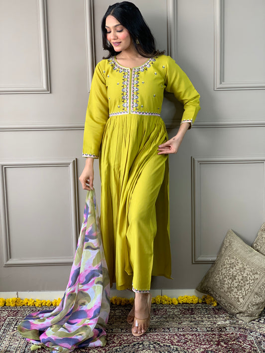 Lemon Viscose Chanderi Designer Embroidery Work With Printed Traditional Wear Readymade Salwar