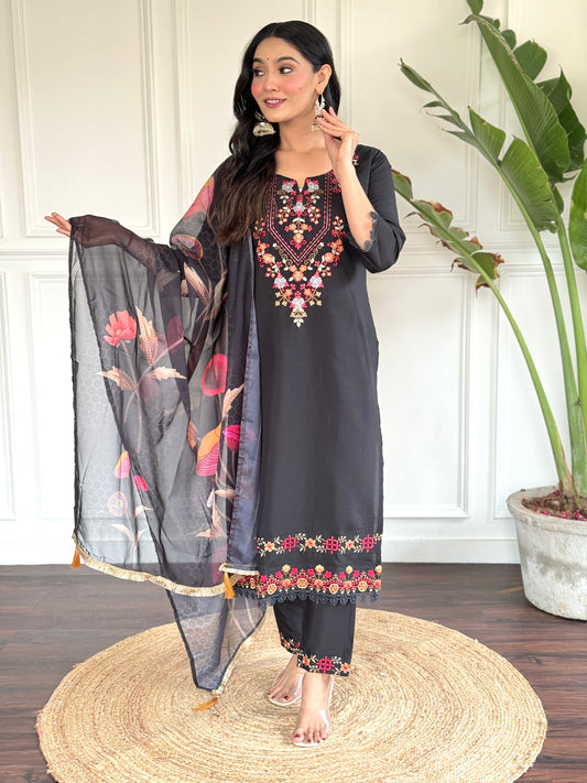 Black Chanderi Designer Embroidery Work With Printed Traditional Wear Readymade