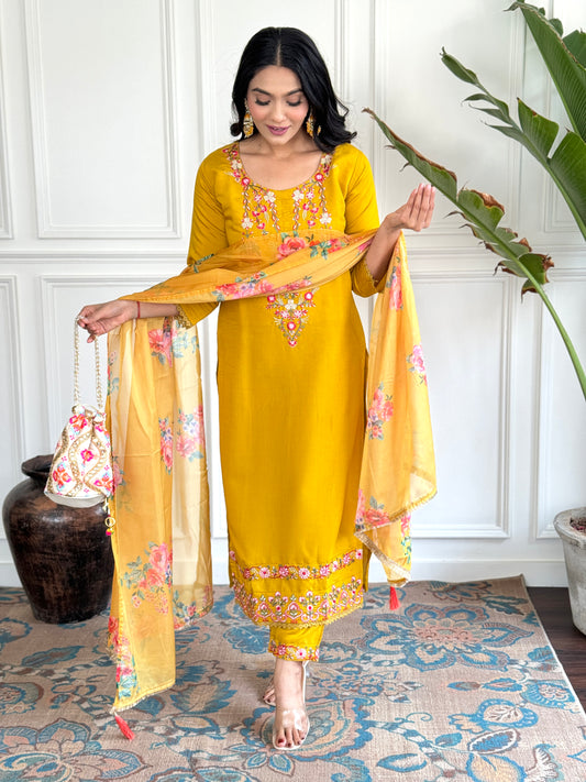 Mustard Chanderi Designer Embroidery Work With Printed Traditional Wear Readymade