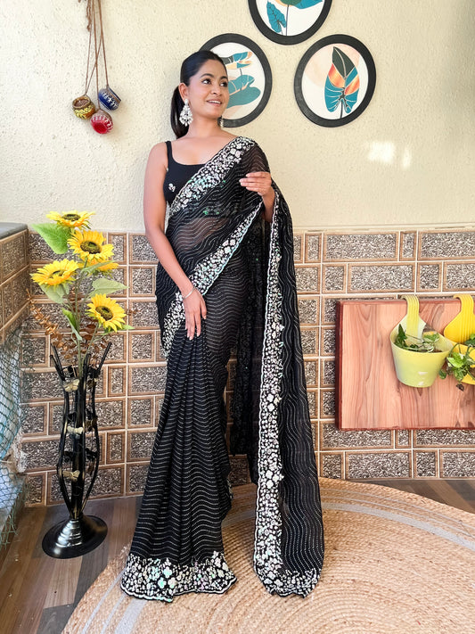 Black Georgette Heavy Sequins Embroidery Work Partywear Graceful Saree