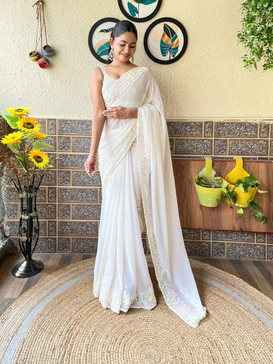 Off White Georgette Heavy Sequins Embroidery Work Partywear Graceful Saree