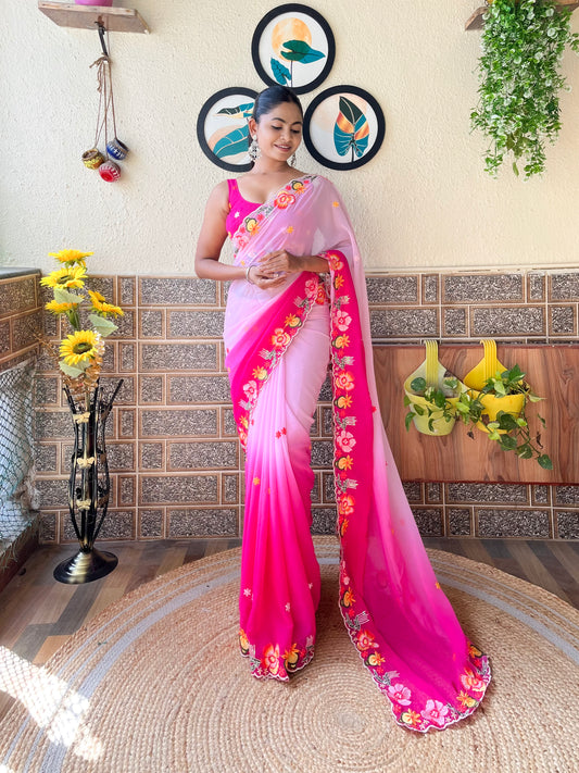 Pink Georgette Saree With Beautiful Bollywood Style Pedding Color And Embroidery Work