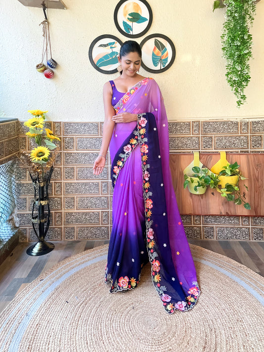 Purple Georgette Saree With Beautiful Bollywood Style Pedding Color And Embroidery Work