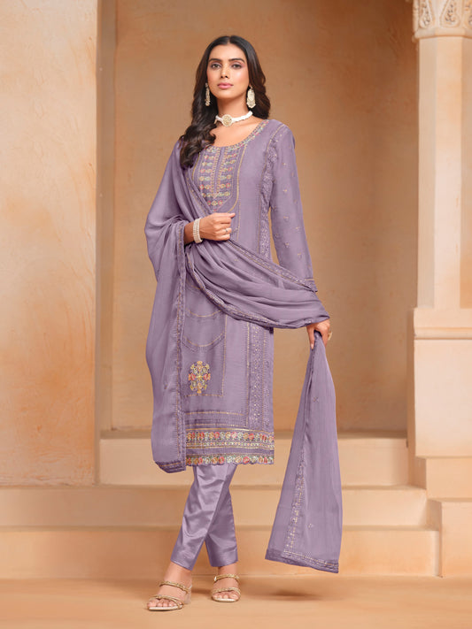 Lavender Organza Chiffon Designer Embroidery Work Heavy Looks Ceremonial Salwar Kameez