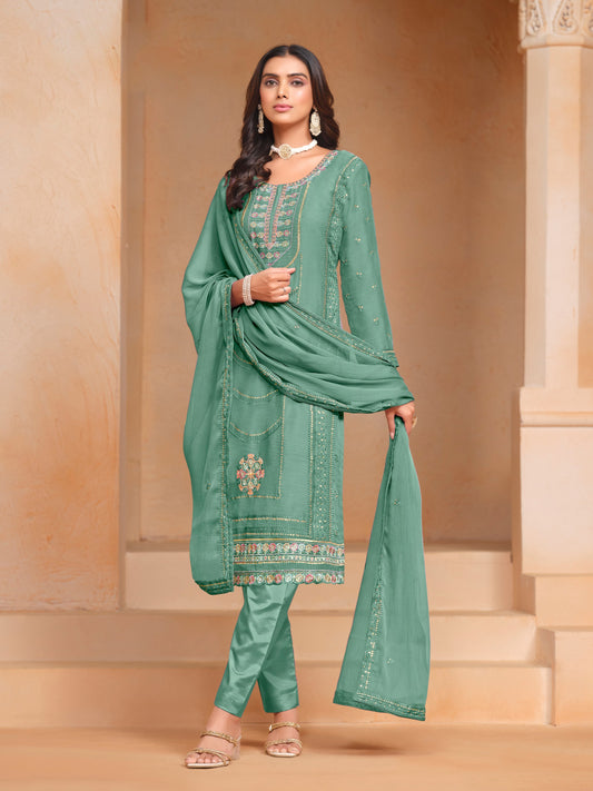 Green Organza Chiffon Designer Embroidery Work Heavy Looks Ceremonial Salwar Kameez