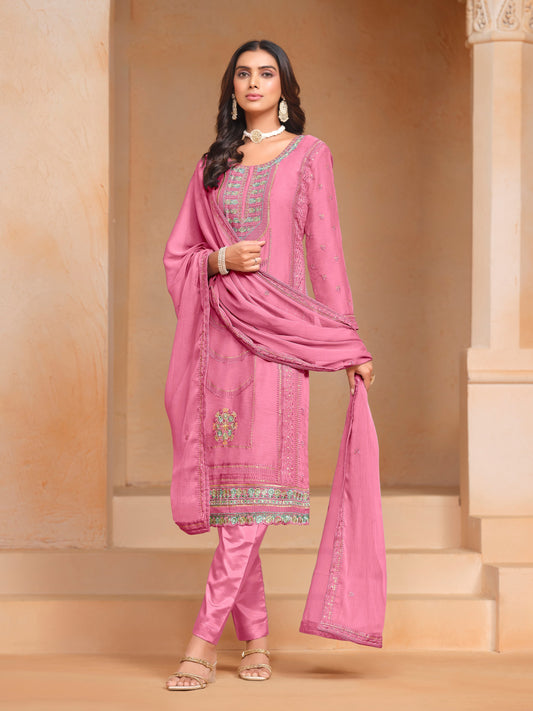 Pink Organza Chiffon Designer Embroidery Work Heavy Looks Ceremonial Salwar Kameez