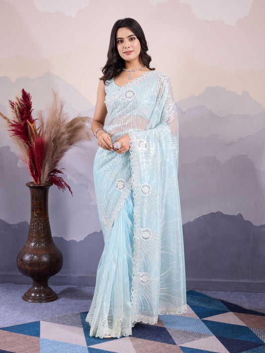 Glamorous Twill Net Fabric Sea Green Color Designer Sequance Embroidery Work Trendy Saree