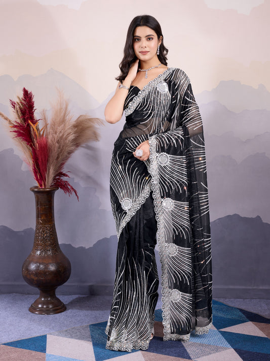 Glamorous Twill Net Fabric Black Color Designer Sequance Embroidery Work Trendy Saree