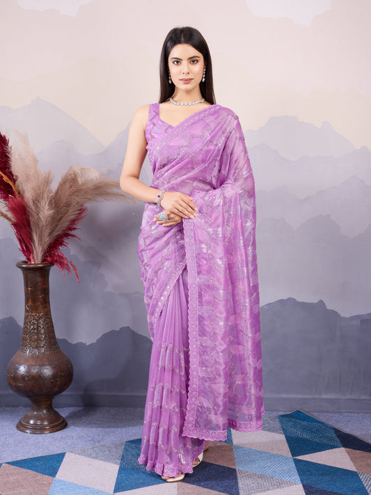 Purple Twill Net Designer Sequins Embroidery Work Bollywood Style Partywear Saree