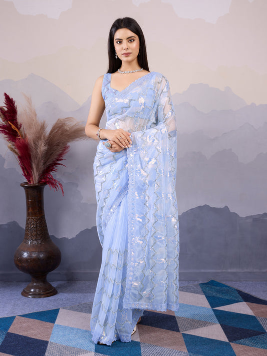 Sky Blue Twill Net Designer Sequins Embroidery Work Bollywood Style Partywear Saree