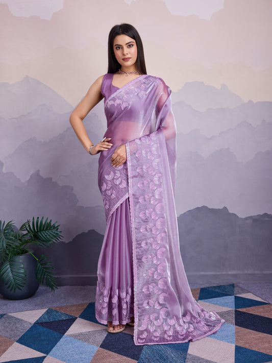 Lavender Color Jimmi Silk Fabric Thread Sequins Embroidery Work Heavy Ceremonial Saree