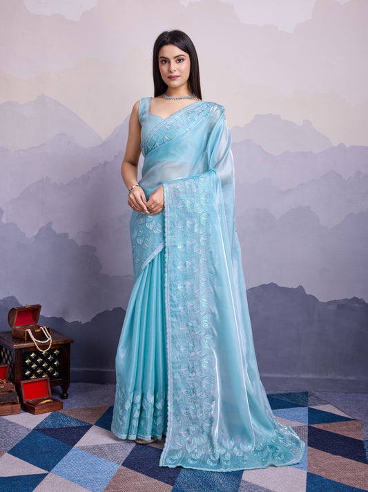 Sky Blue Color Jimmi Silk Fabric Thread Sequins Embroidery Work Heavy Ceremonial Saree