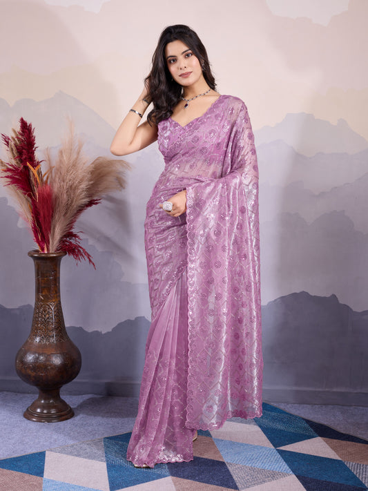 Purple Twill Net Designer Sequins Embroidery Work Glamorous Partywear Saree