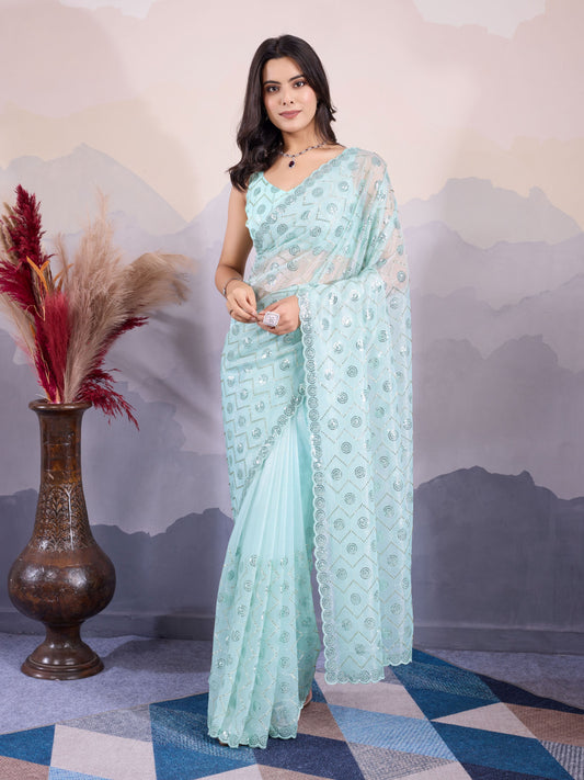 Sea Green Twill Net Designer Sequins Embroidery Work Glamorous Partywear Saree