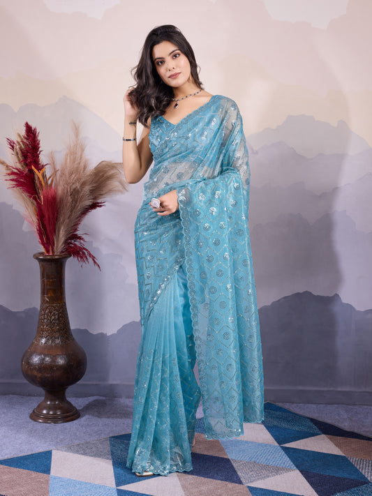 Blue Twill Net Designer Sequins Embroidery Work Glamorous Partywear Saree