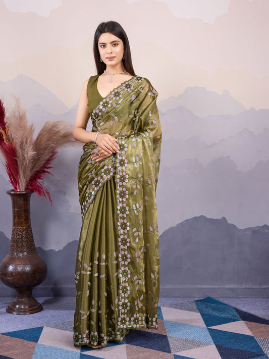 Green Color Burberry Silk Designer Sequins Embroidery Work Girlie Wedding Wear Saree