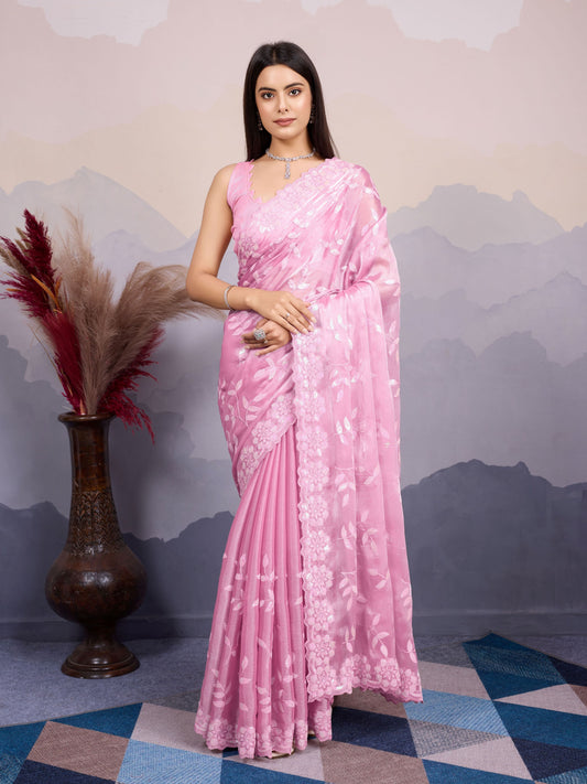 Pink Color Burberry Silk Designer Sequins Embroidery Work Girlie Wedding Wear Saree