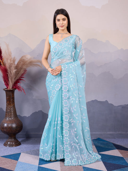 Sky Blue Color Burberry Silk Designer Sequins Embroidery Work Girlie Wedding Wear Saree