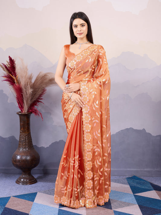 Orange Color Burberry Silk Designer Sequins Embroidery Work Girlie Wedding Wear Saree