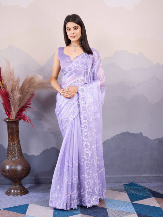 Lavender Color Burberry Silk Designer Sequins Embroidery Work Girlie Wedding Wear Saree