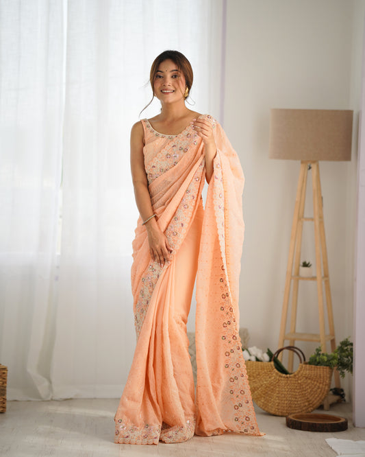 Peach Georgette Coding And Sequins Embroidery Work Trendy Ceremonial Saree