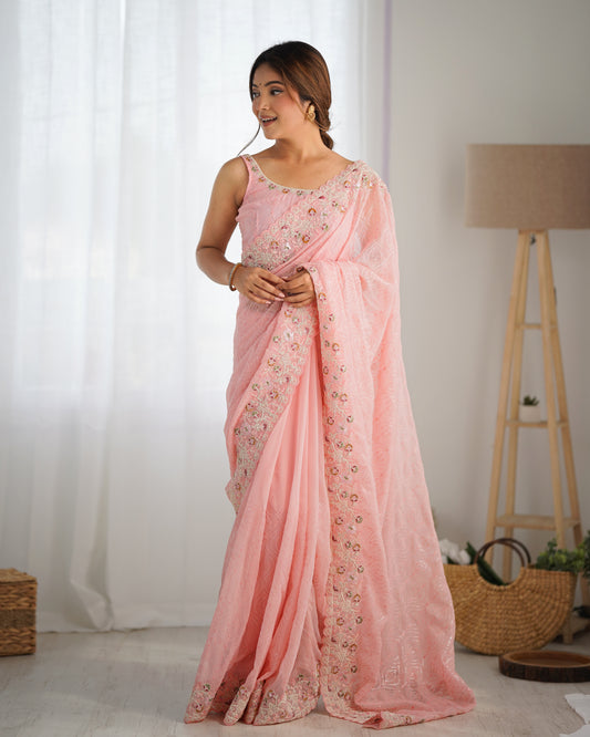 Pink Georgette Coding And Sequins Embroidery Work Trendy Ceremonial Saree