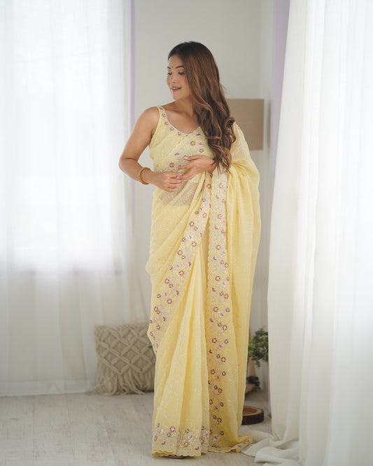 Yellow Georgette Coding And Sequins Embroidery Work Trendy Ceremonial Saree